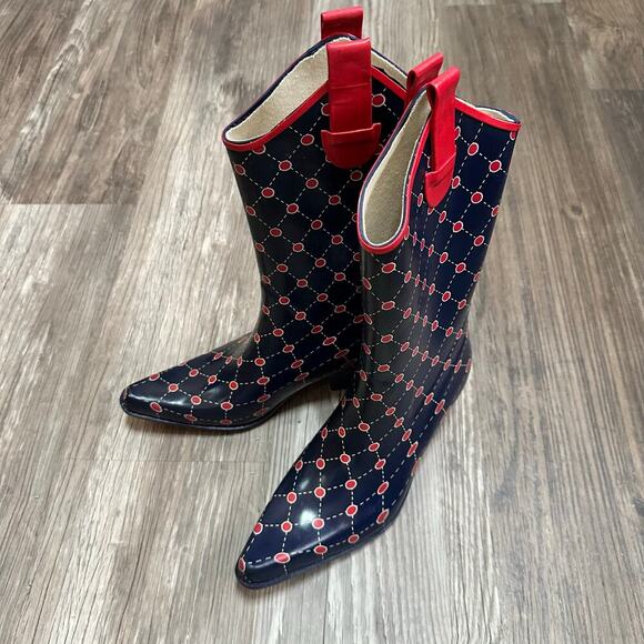 Stadium Stomper Rain Boots Pull Up Pointed Toe Polka Dots Blue Red Women Size 7 - Picture 1 of 10